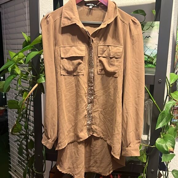 Brown Chiffon and Sequin Button Down Shirt NEVER WORN Size Small - Picture 1 of 6